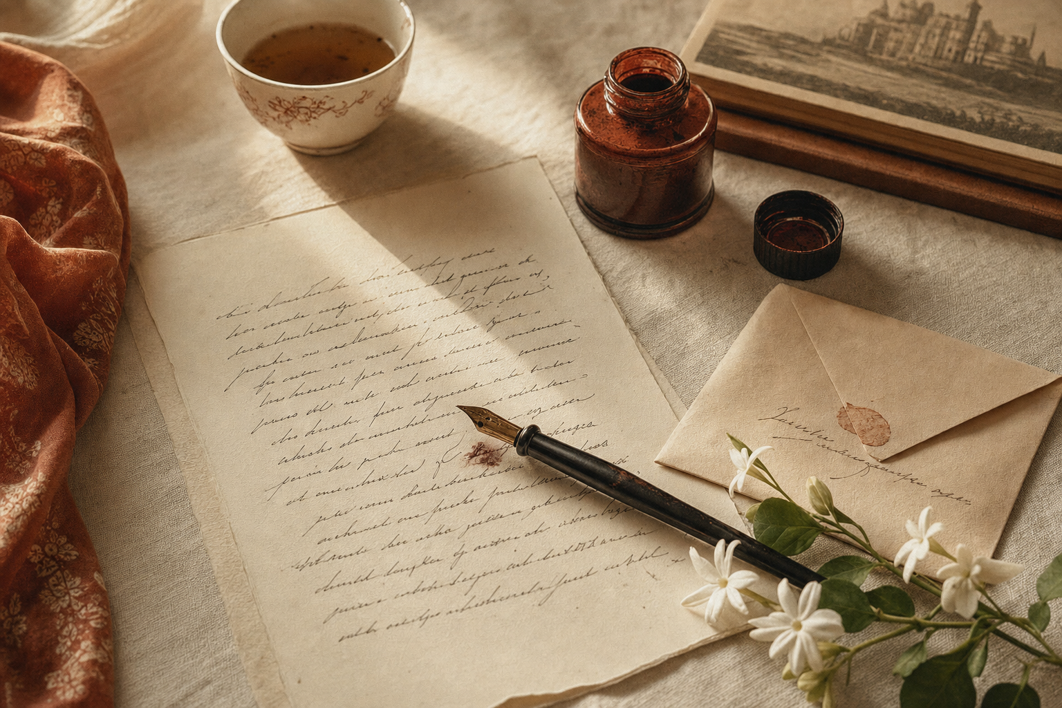 A writing desk in warm linen — half-finished handwritten letter, fountain pen across the page, terracotta ink bottle, jasmine sprig