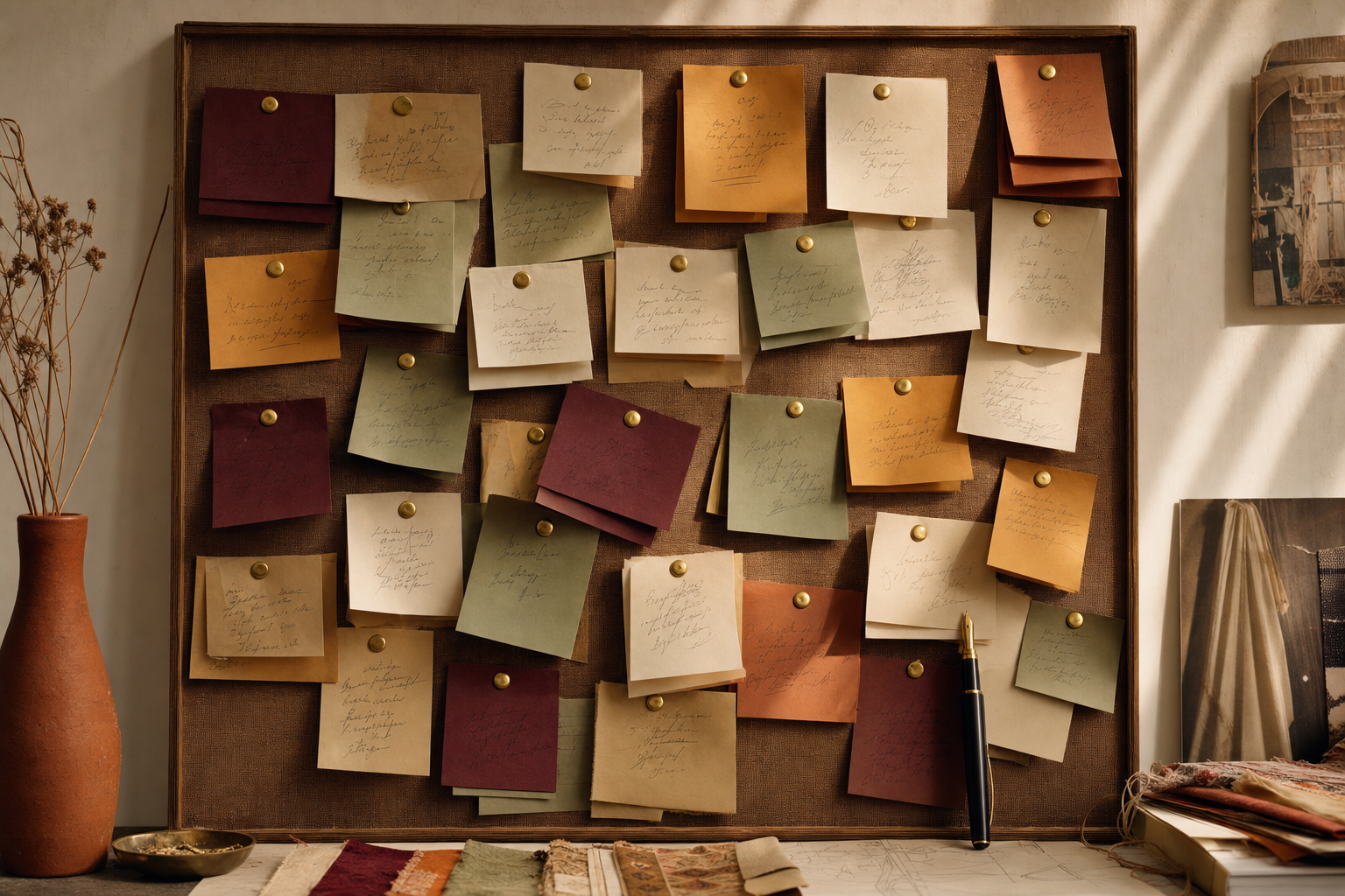 A designer's pinboard crowded with folded handwritten question slips in marigold, sage, maroon, and ivory paper