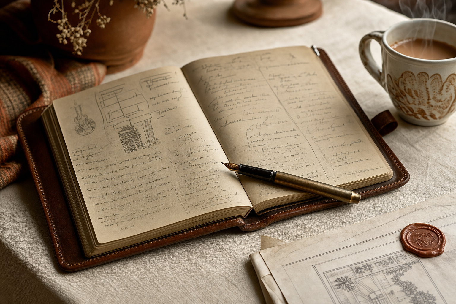A leather-bound buying ledger on warm cream linen, fountain pen across the open page, a folded scope-of-work sealed in terracotta wax